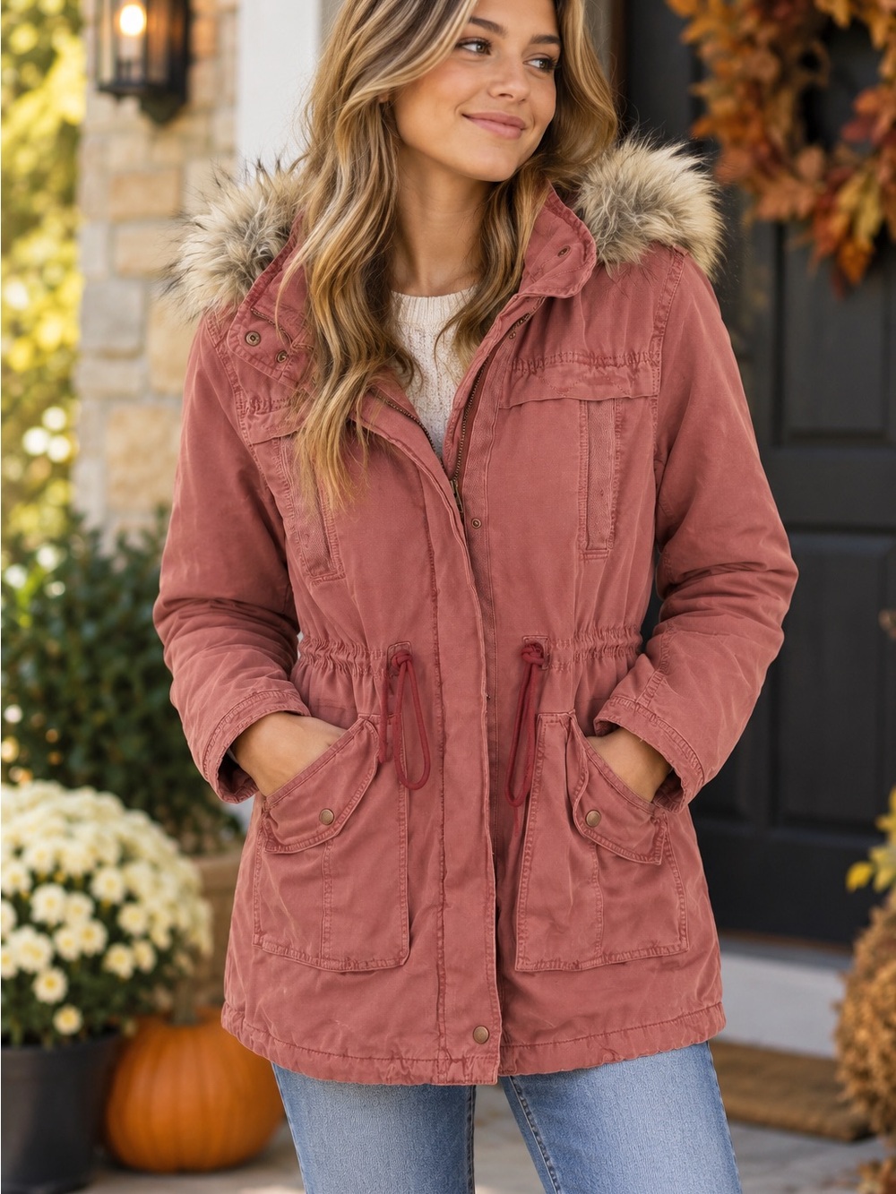 American Eagle Womens M Dusty Rose Faux Fur Hood Utility Parka Jacket